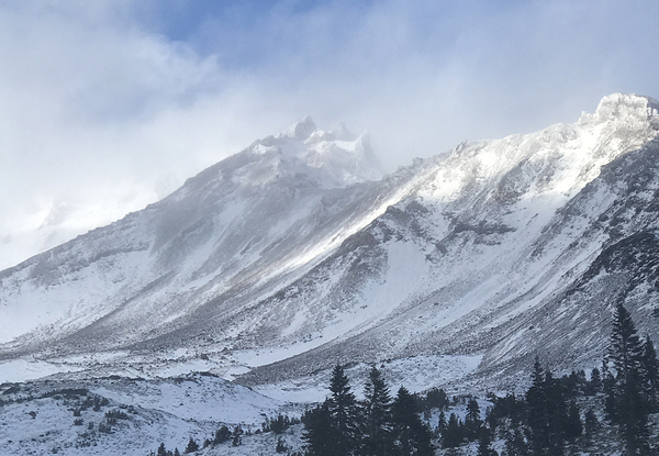 Mount Shasta First Snow with Blue Sky Print