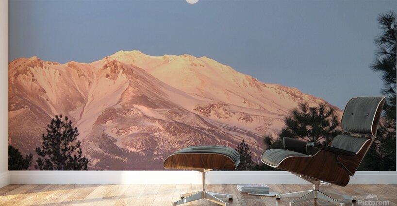 March Full Moon Over Mount Shasta Wall Murals